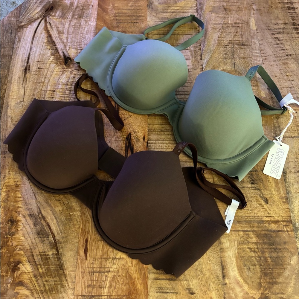 2 NWT American Eagle Aerie SMOOTHEZ Demi Bra Sz 36C Brown & Green